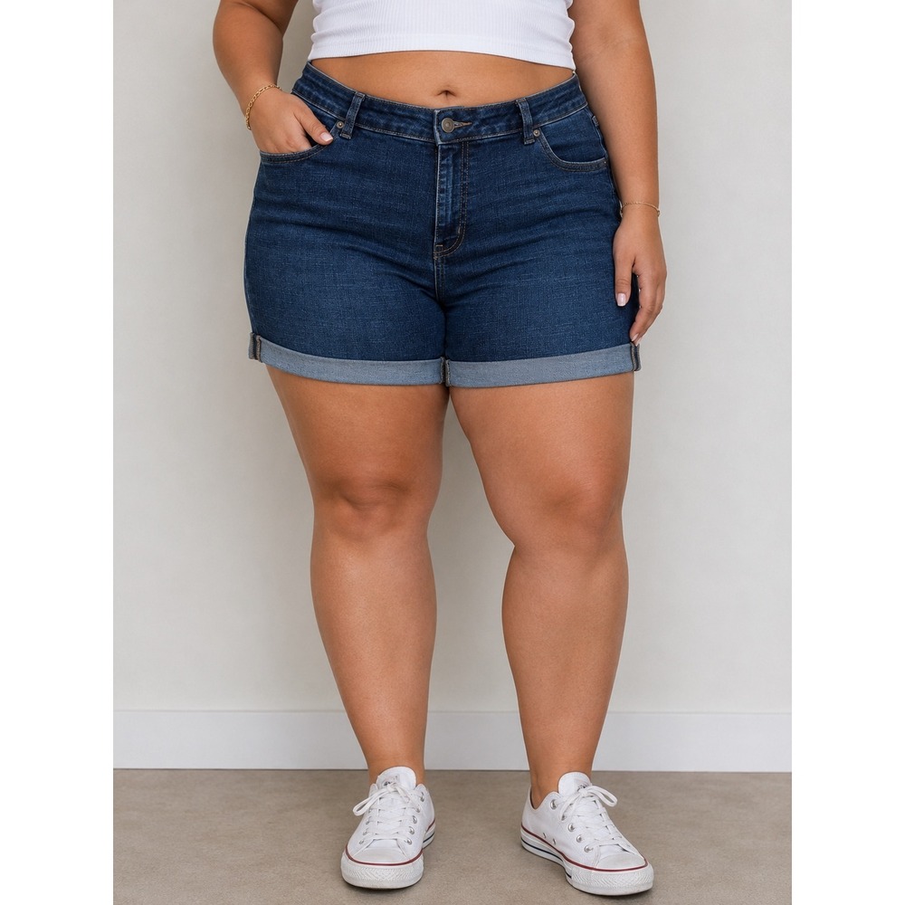 AMAZON ESSENTIALS Women Dark Wash Denim Bermuda Shorts Cuffed Roll Hem Jean S 16